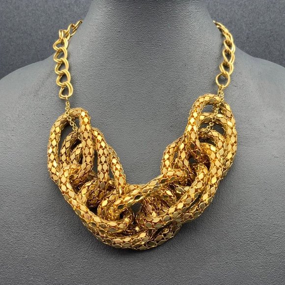 Gold Mesh Statement Necklace Chunky Retro Loops Chain - Picture 1 of 6